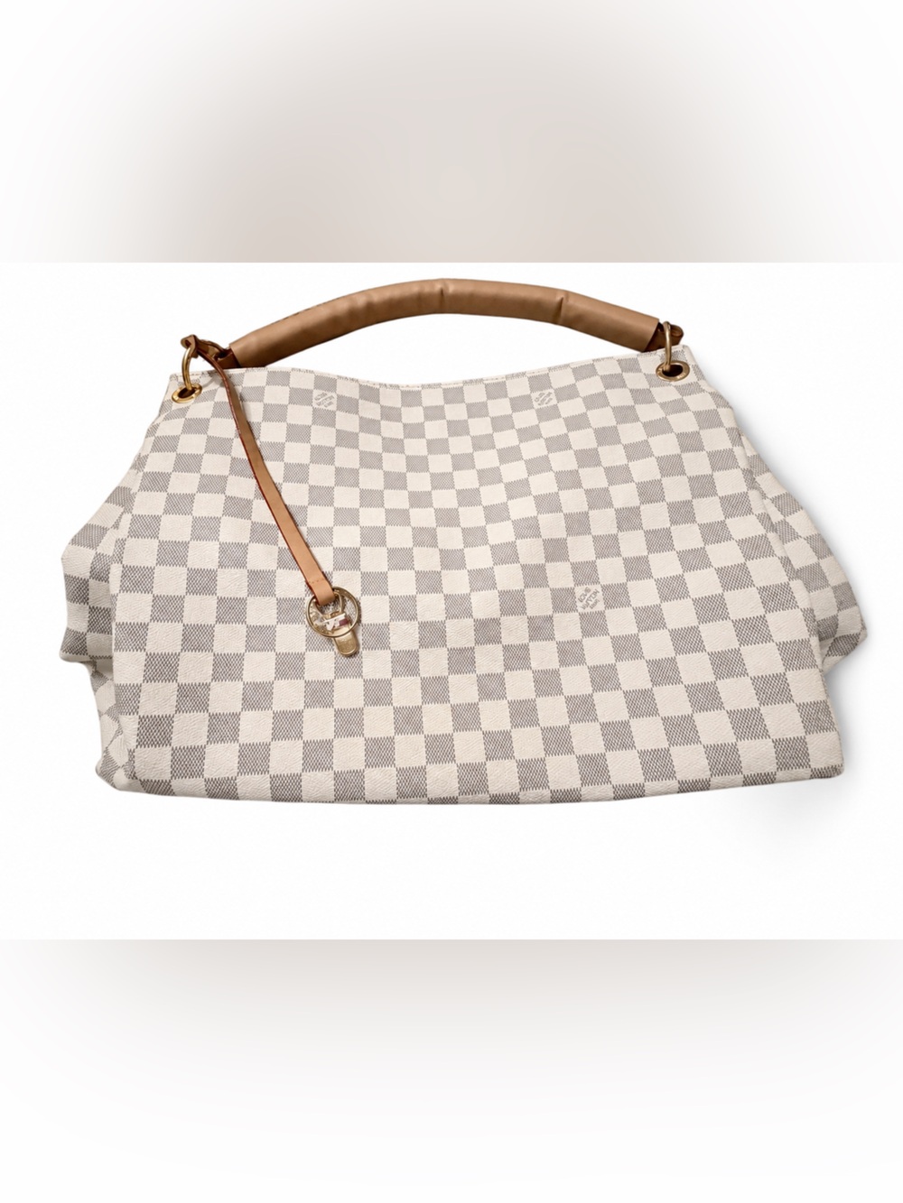 Light Checkered Canvas Tote with Tan Handle